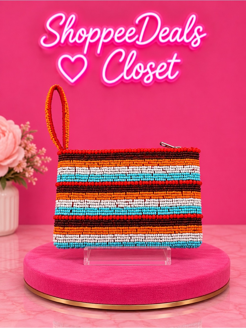 Colorful Beaded Coin Purse Wristlet – Striped Boho Zip Pouch